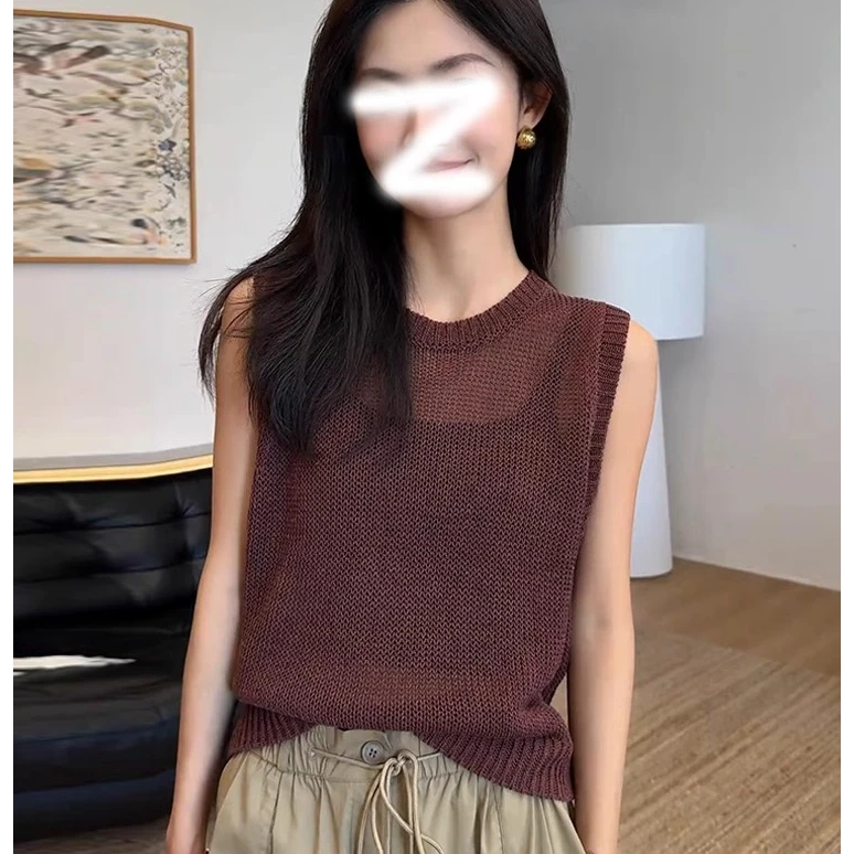 韩系镂空冰丝针织无袖t恤背心女夏外穿2025新款宽松简约气质上衣