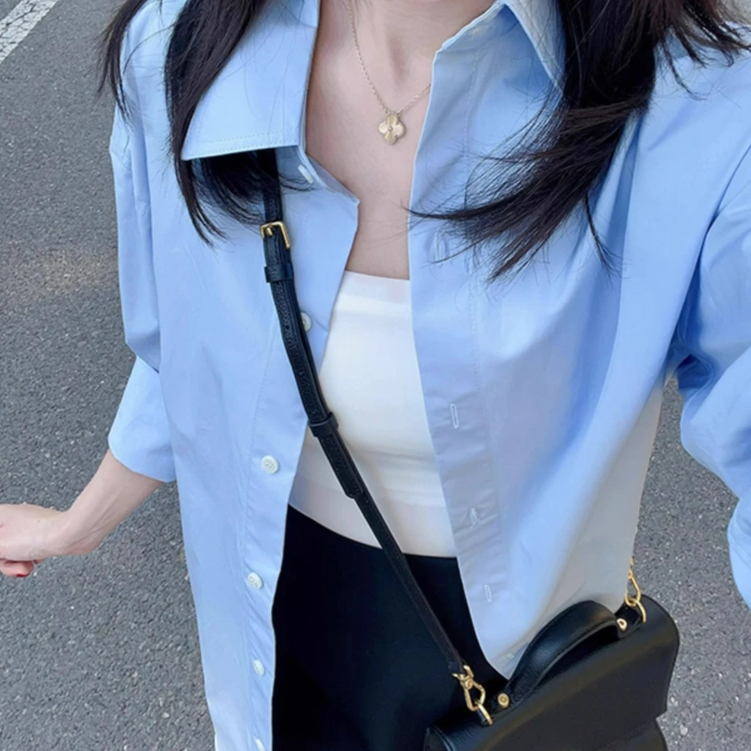 2025蓝色防晒长袖衬衫女夏季设计感小众衬衣外套开衫上衣外搭春秋