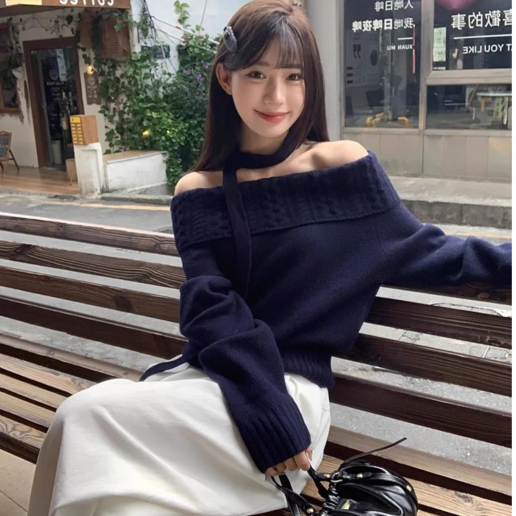 深秋初冬穿搭一字肩加厚套头毛衣女秋冬重工奶fufu的慵懒针织上衣