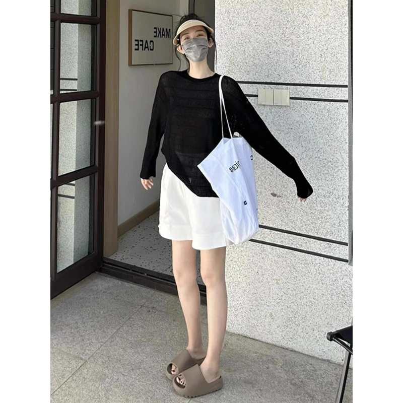 黑色薄款透气T恤防晒空调衫女夏季2025新款百搭宽松休闲罩衫上衣