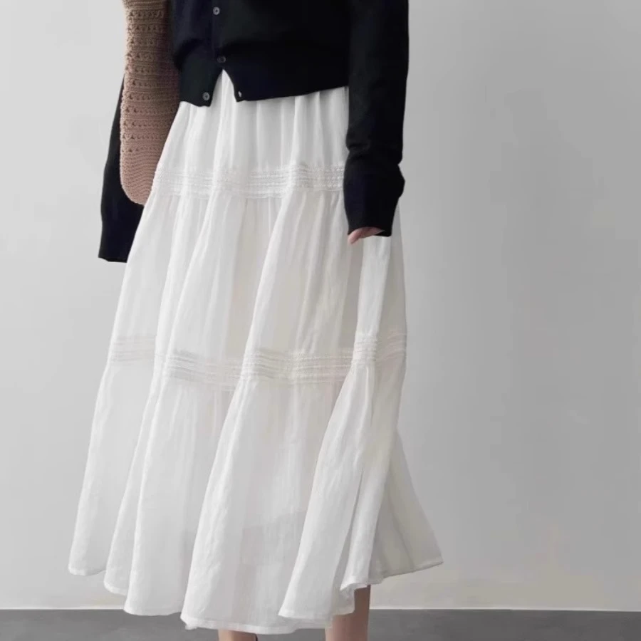 小众蕾丝拼接a字高腰时尚半身裙女夏季垂感中长款遮胯蛋糕裙半裙