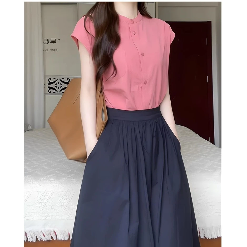 夏装女茶系穿搭一整套微胖显瘦盐系轻熟减龄气质连衣裙子两件套装