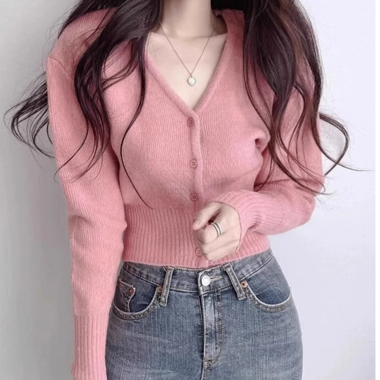 短款针织小开衫女春秋薄款收腰修身显瘦v领毛衣小众外套粉色上衣