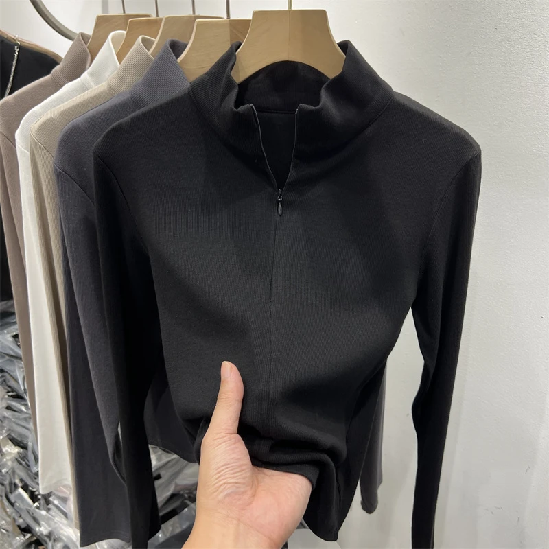 高领打底衫女早秋设计感拉链小立领修身长袖T恤内搭休闲开衫上衣