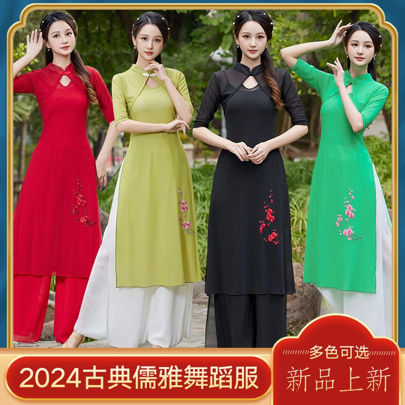 古典舞广场舞春夏民族跳舞服刺绣旗袍身韵练功舞网纱长裙中式纱衣
