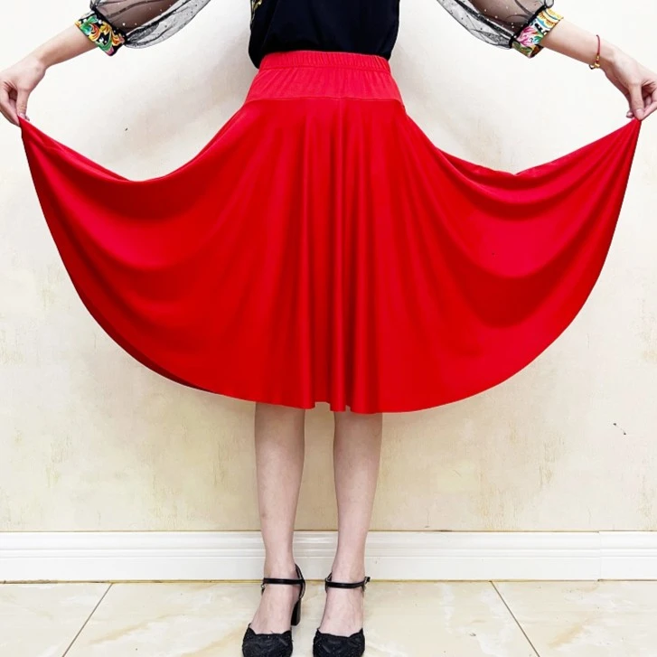 广场舞服装女新款红色中裙跳舞裙中老年舞蹈裙跳舞裙子半身裙夏