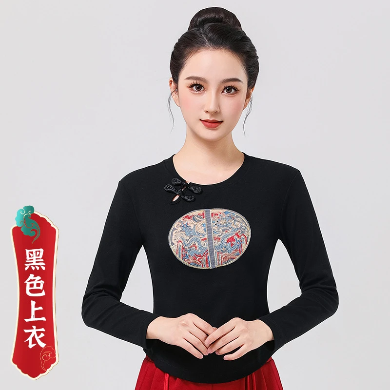 广场舞服装上装长袖中袖衣服t恤新中式国风刺绣舞蹈服秋季长袖棉