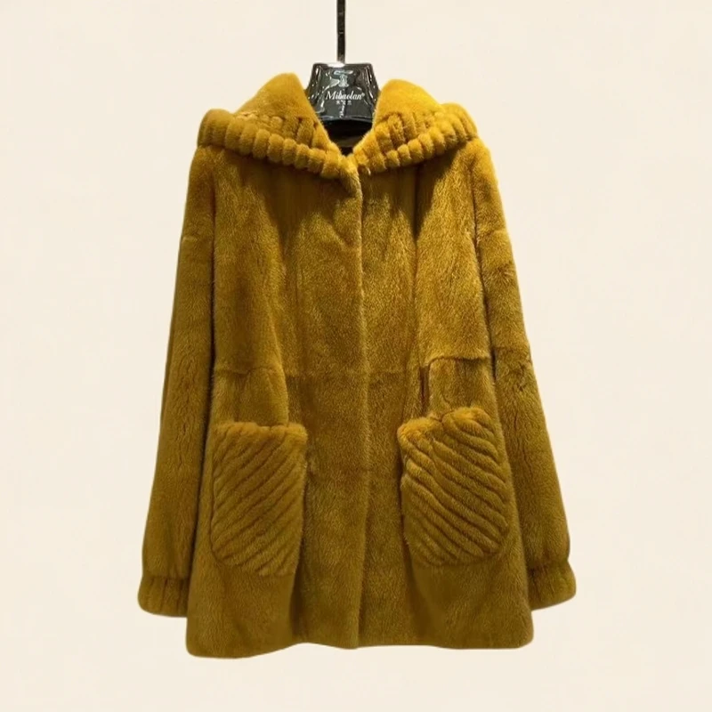 【锦联皮草】24秋冬设计师款连帽时尚大兜水貂毛皮草外套