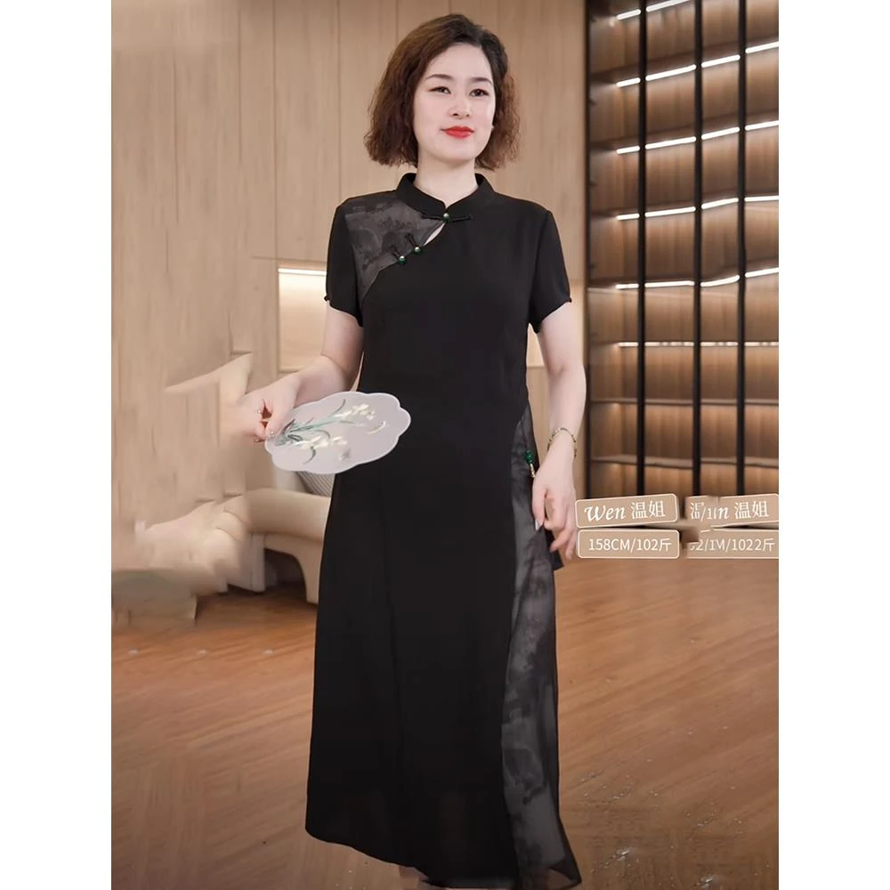 妈妈夏装中国风旗袍连衣裙气质中长款裙子中老年收腰长裙78066
