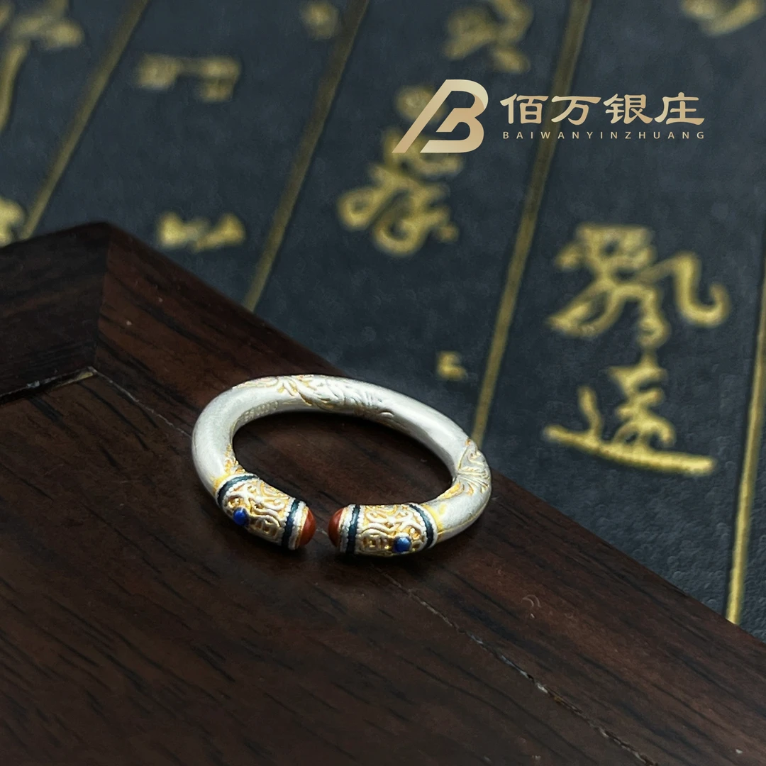 足银戒指 【佰万银庄】足银开口描金唐草纹戒指手工复古气质古法