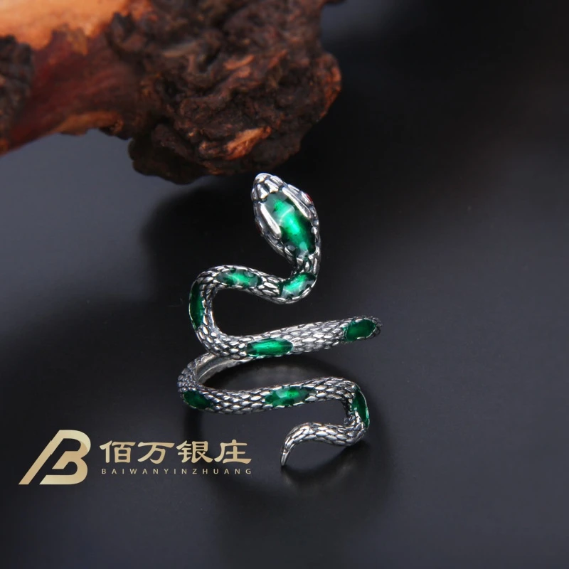 925银戒指 【佰万银庄】银S925 绿色珐琅彩蛇形戒开口戒可调节个性