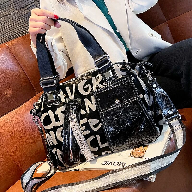 新款2025时尚大容量字母尼龙布配真皮手提包女包高级感单肩斜挎包