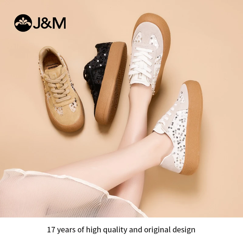 J&M/快乐玛丽2024年春季新款德训鞋休闲鞋亮片复古女鞋系带83571W