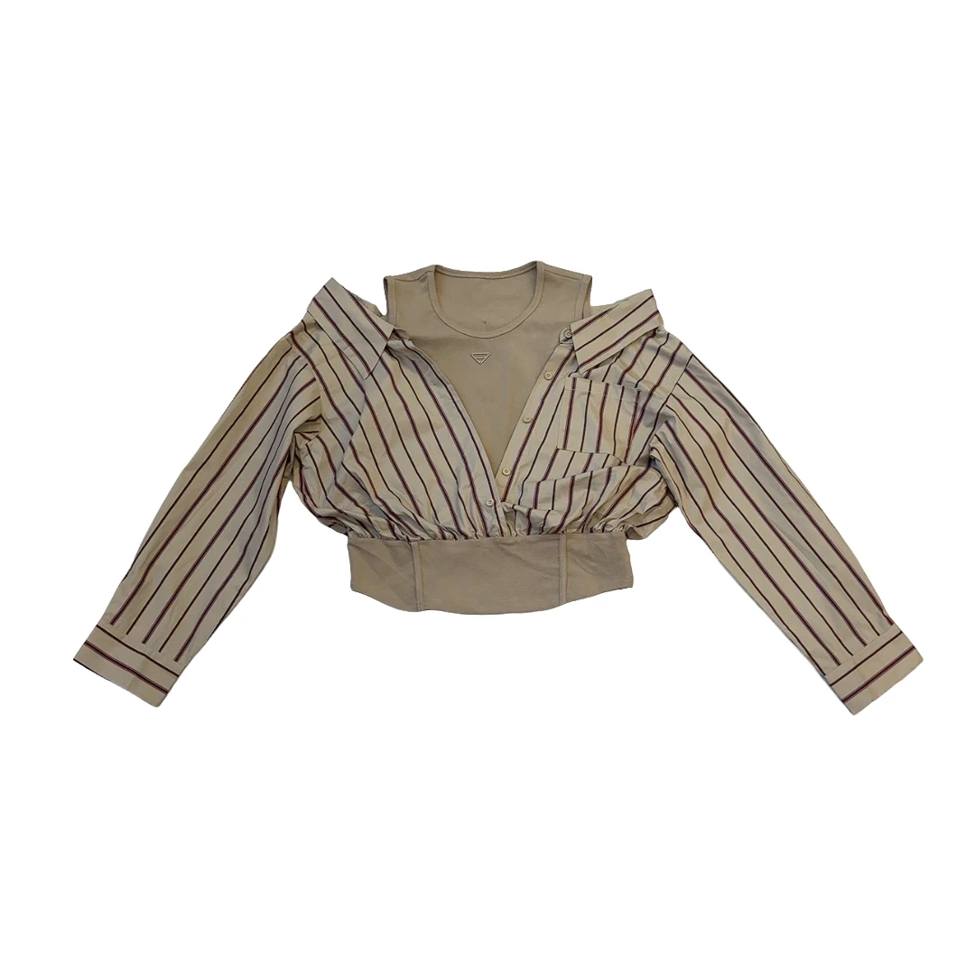 欧货新品假两件衬衫春夏2025新款时尚条纹长袖女上衣