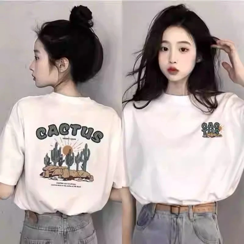 纯棉白色短袖t恤女夏季2025新款韩版宽松百搭圆领半袖上衣时尚潮