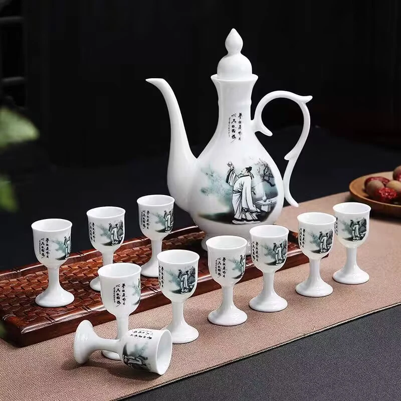 中式陶瓷仿古酒具套装创意倒酒壶小酒杯家用高脚杯白酒杯一壶十杯