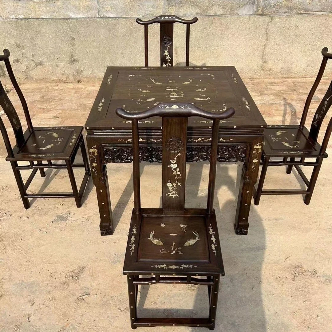 古典款式镶嵌黑檀八仙桌五件套(不包邮