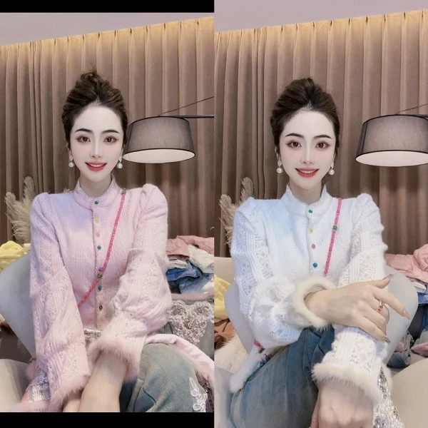 SS.studio/双双“七彩斑斓”中国风新品加厚加绒水貂毛蕾丝衬衣外套