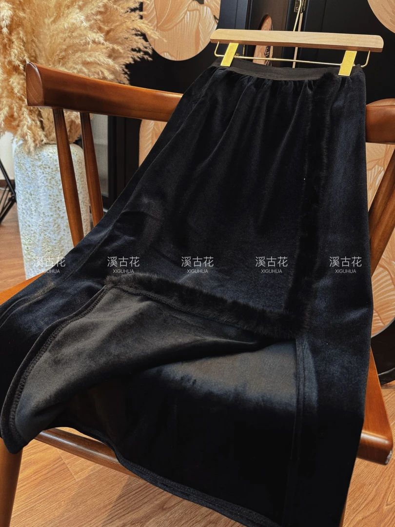 【霜见裙】金丝绒新中式显瘦半身裙时尚百搭中长款气质松紧腰