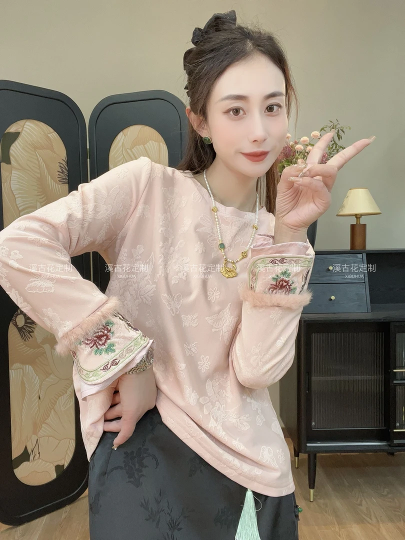 【相见欢】 加厚加绒秋冬新中式长袖国风打底女时尚气质弹力圆领