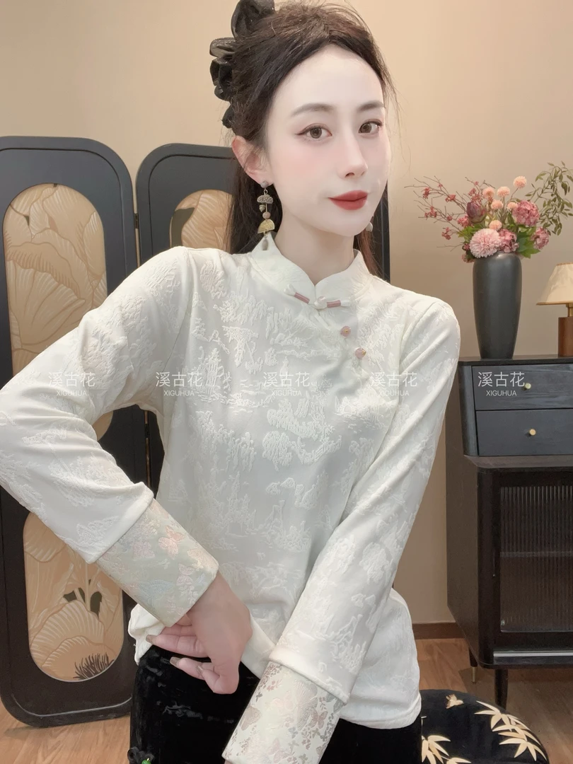 【星愿】 早春加绒浮雕刻花长袖女时尚上衣女提花气质