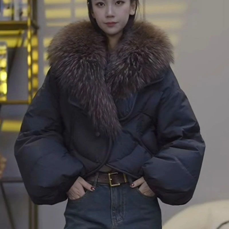 可拆卸大毛领羽绒服女2023冬季新款个性小香风短款白鸭绒羽绒棉服