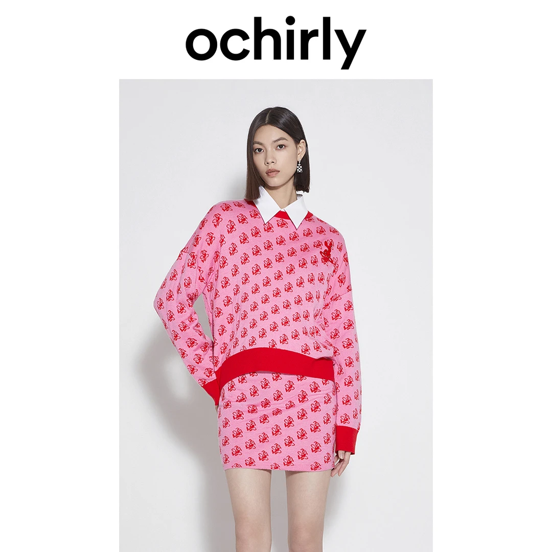ochirly欧时力 丝滑羊毛兔子提花毛织裙套装春装设计感