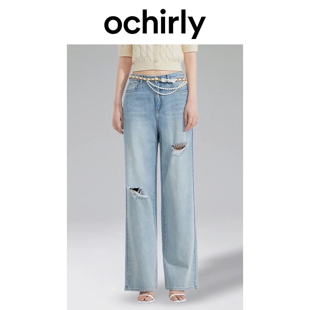 ochirly欧时力 破洞阔腿牛仔裤女美式复古宽松显瘦