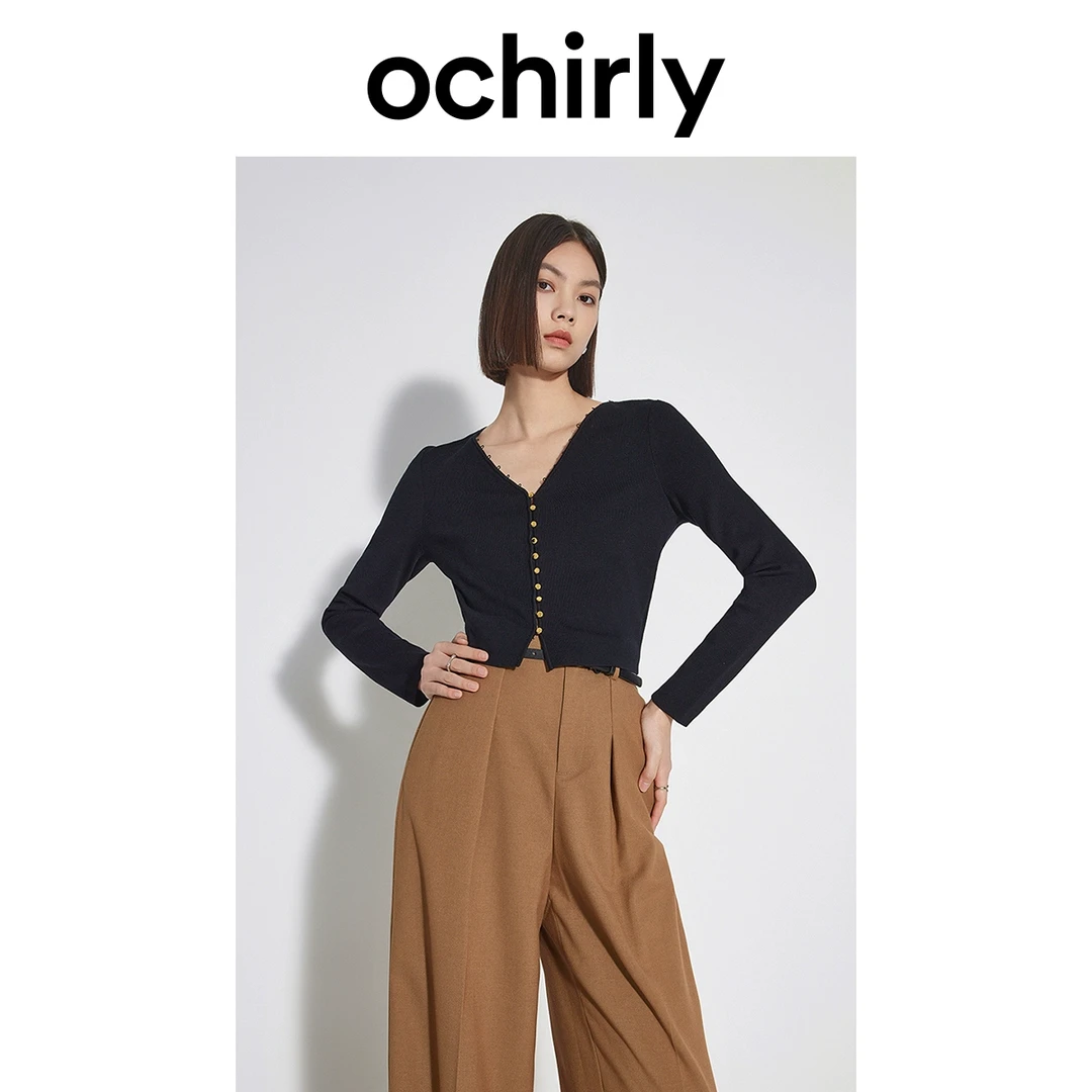 ochirly/欧时力 修身短款针织衫女春装上衣V领显瘦设计感开衫气质