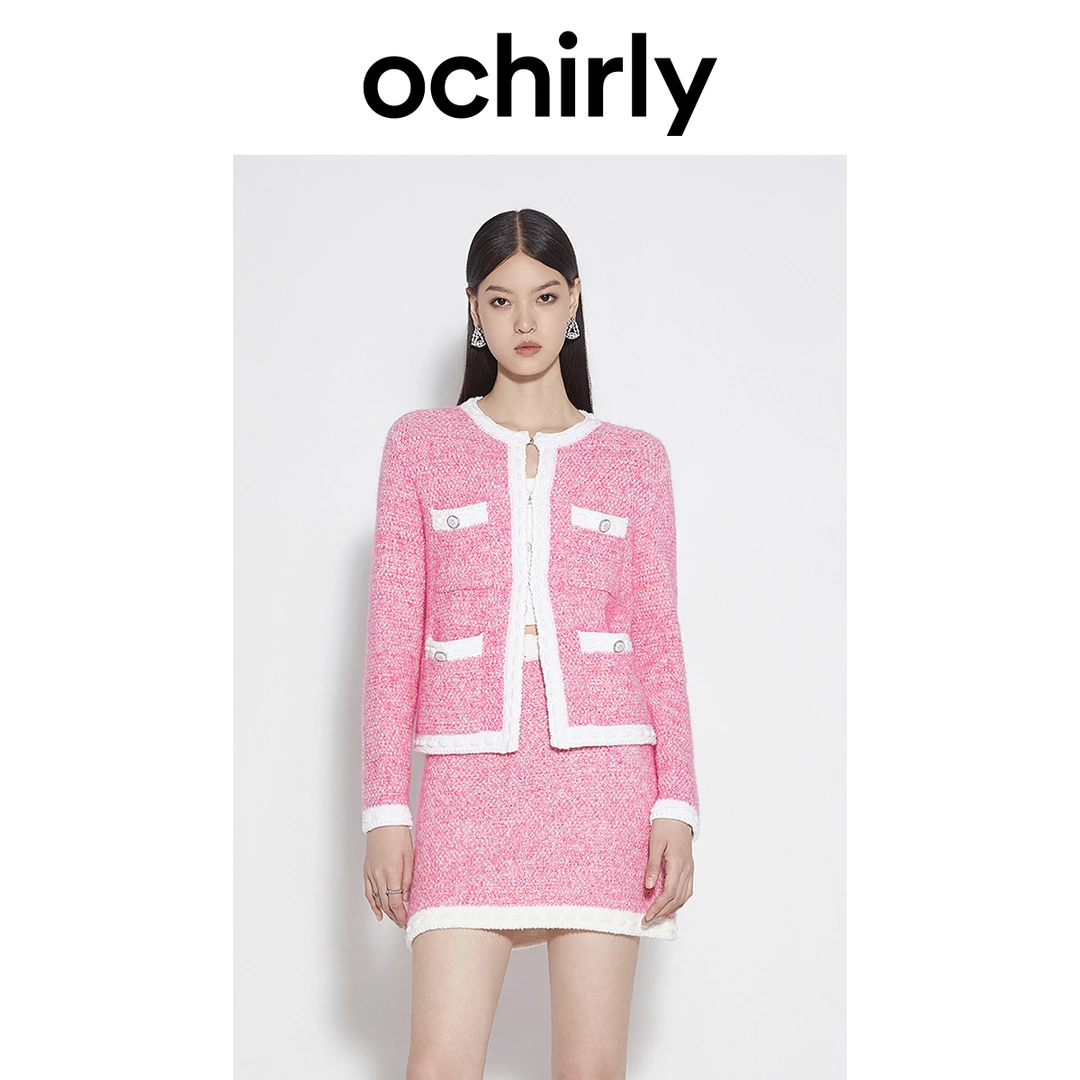 ochirly欧时力 珠片纱小香风针织外套女   春装设计感