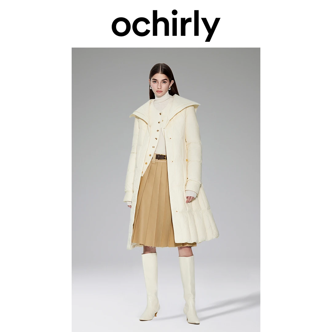 欧时力时尚高级感绗缝菱格纹鸭绒羽绒服秋冬长款大衣外套女