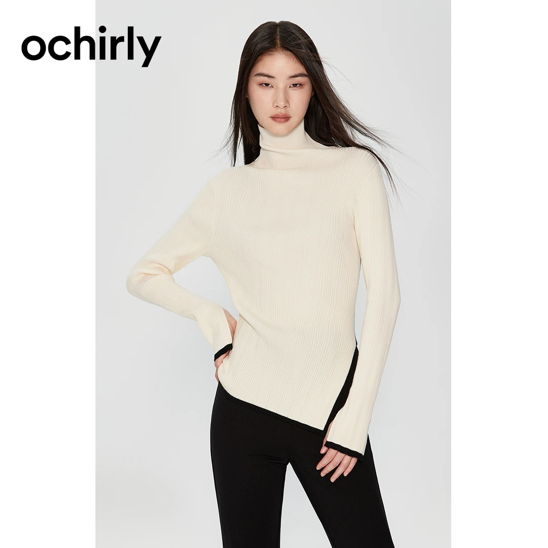 ochirly欧时力 可机洗绵羊毛高领毛衣女冬装修身针织撞边