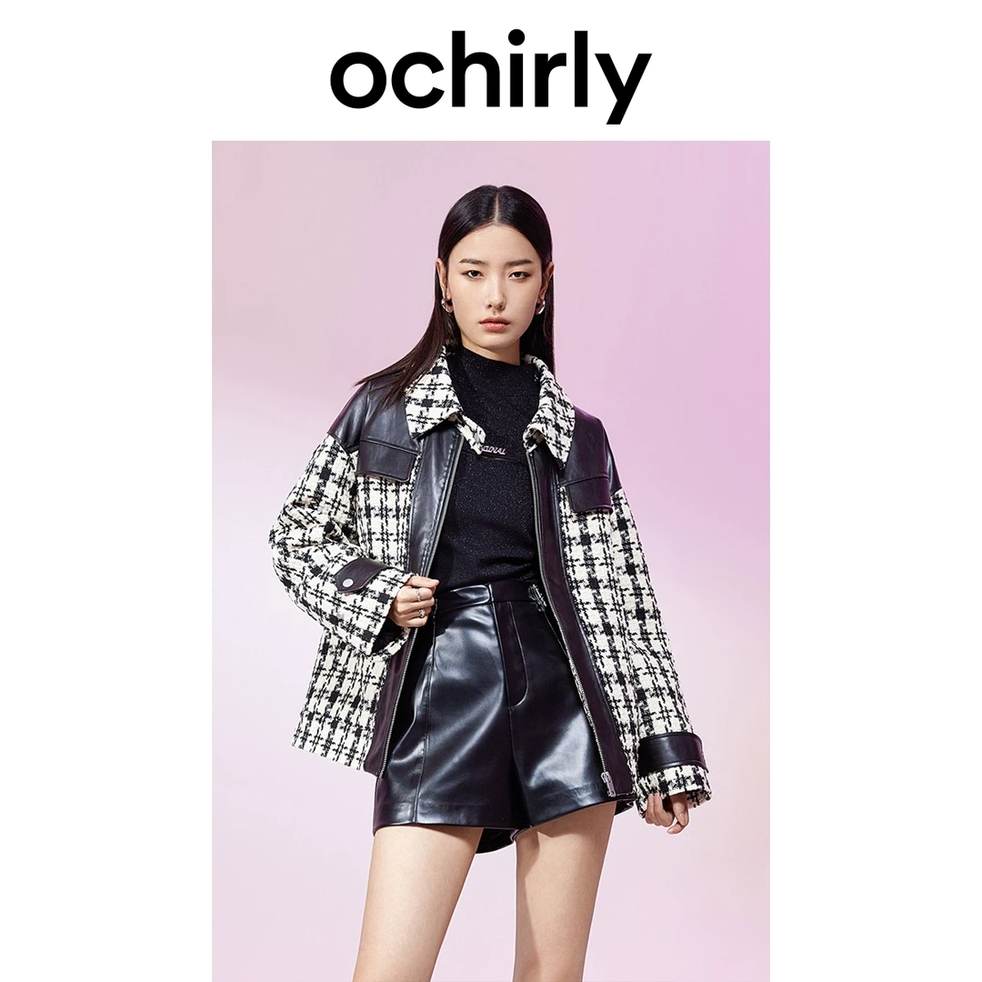 ochirly欧时力 PU皮拼接外套女秋冬格子机能风小香风设计感
