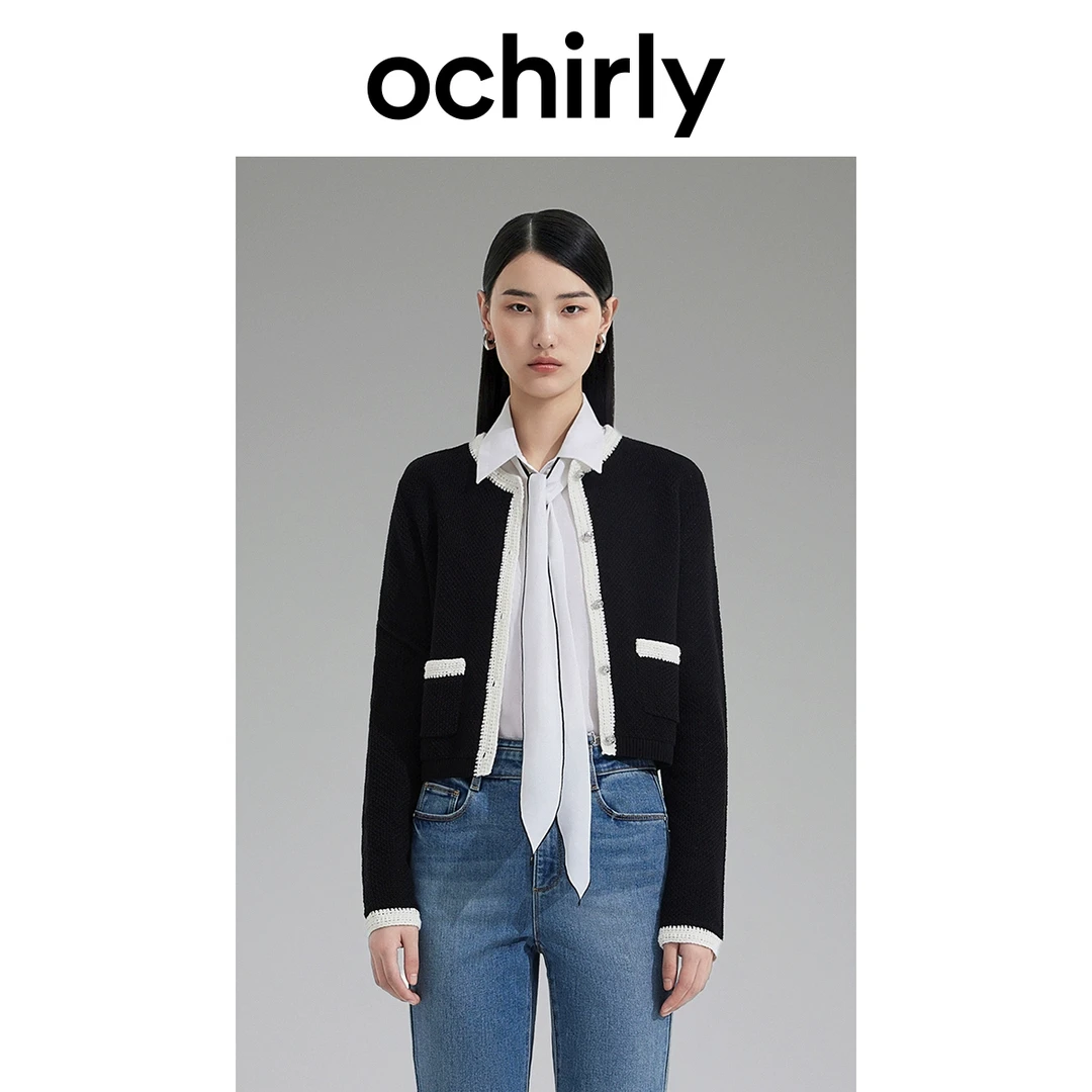 ochirly欧时力再生纤维小香风外套女春装镂空撞色短开衫