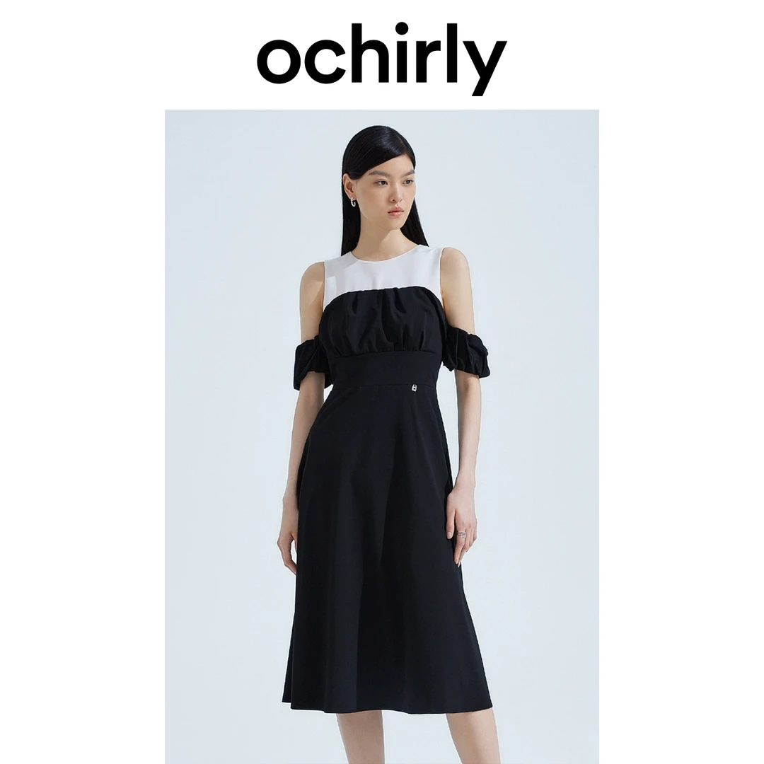 ochirly欧时力 缩褶显瘦连衣裙女夏装撞色气质法式礼服