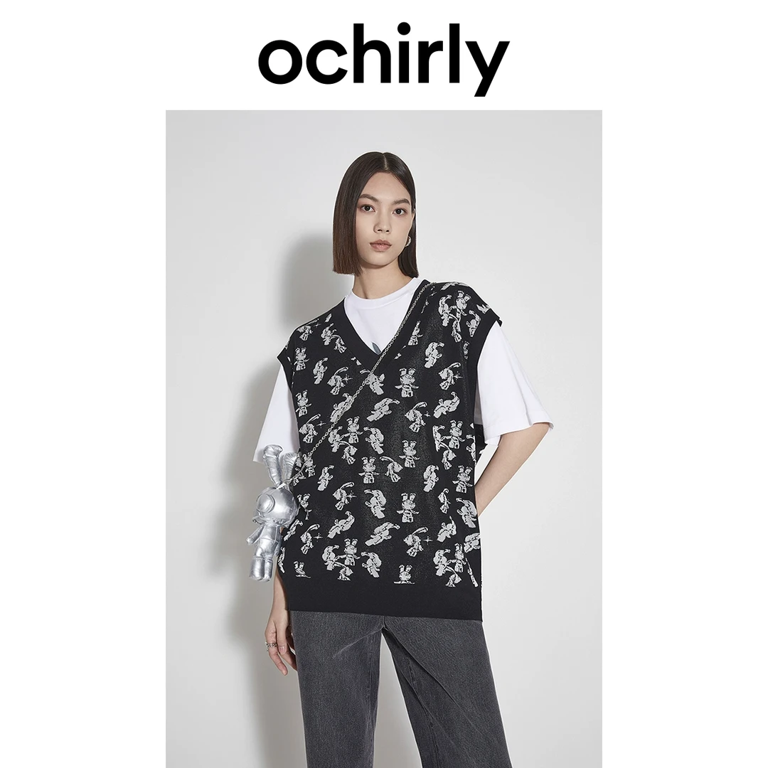 ochirly/欧时力 提花针织背心女2023新款夏装上衣V领复古休闲
