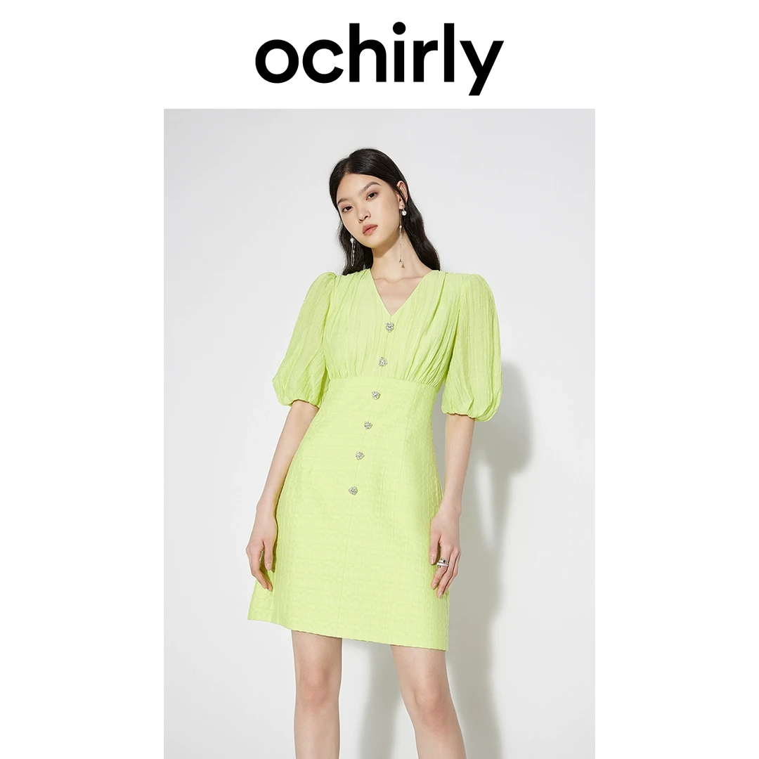 ochirly欧时力 泡泡袖短袖连衣裙夏装裙子法式小白裙