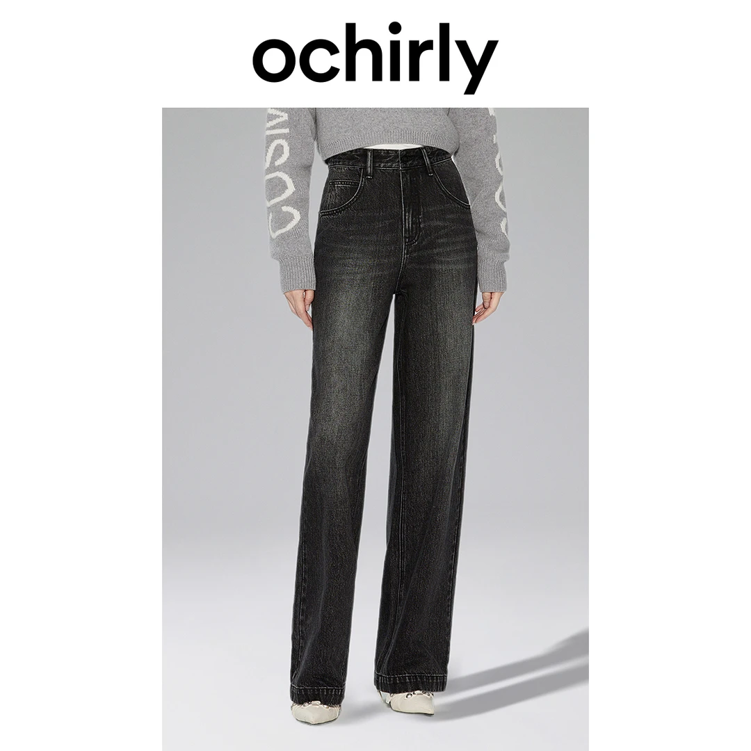 ochirly纯棉阔腿牛仔长裤女秋冬做旧复古宽松显瘦