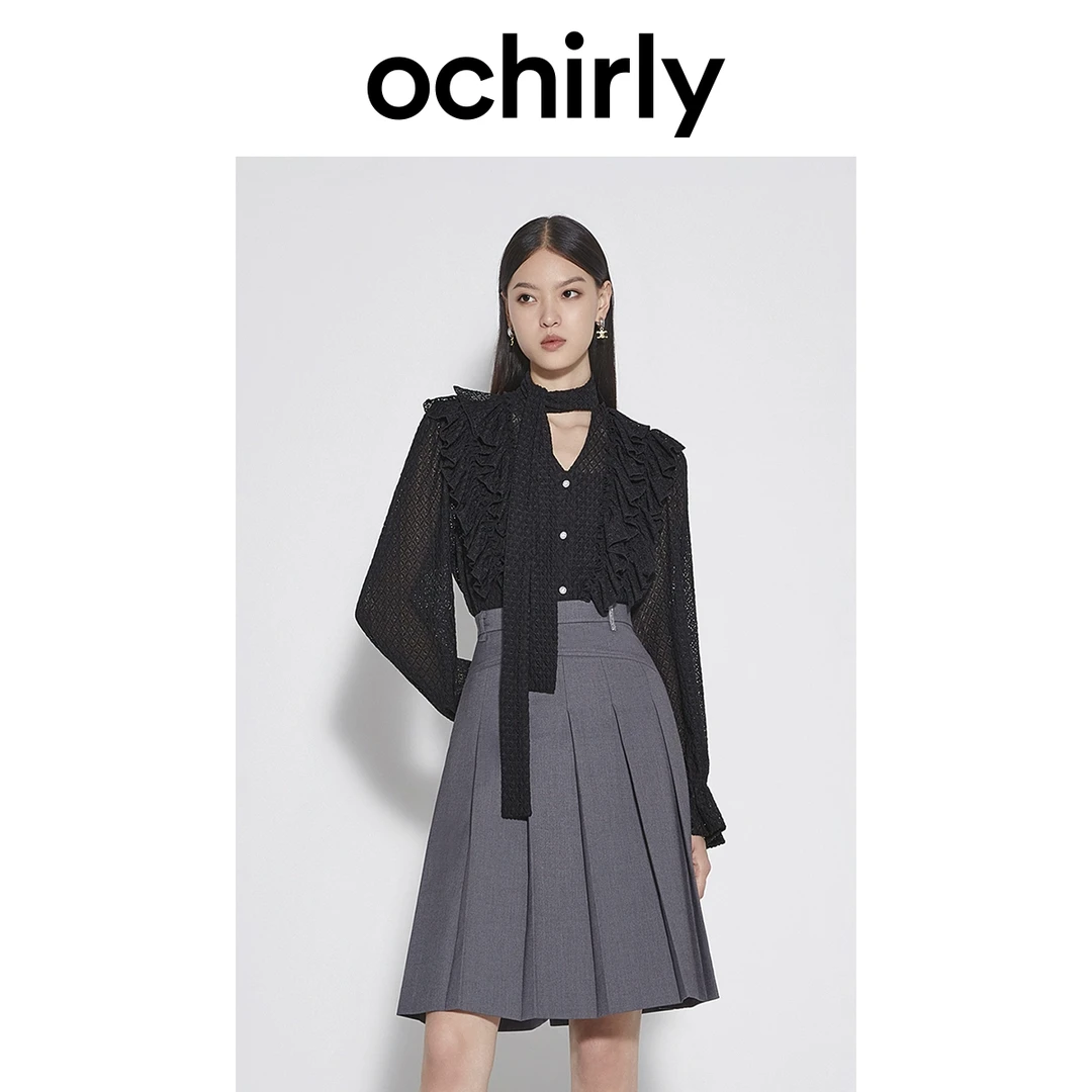 ochirly黑标系列 欧时力 荷叶边蕾丝衬衫女秋装系带法式宫廷风