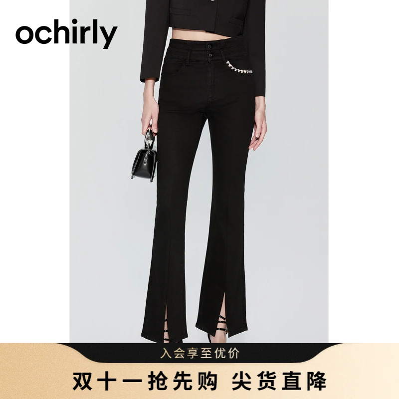 ochirly欧时力年加绒喇叭牛仔裤女镶钻开衩丹宁风显瘦