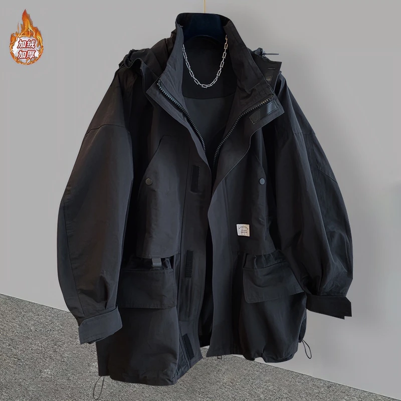 2023新款加绒加厚冲锋衣秋冬潮流百搭男女同款大码设计感风衣外套