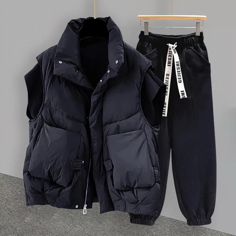 潮牌纯色立领拉链马甲棉衣套装男秋冬潮流百搭假两件休闲宽松外套