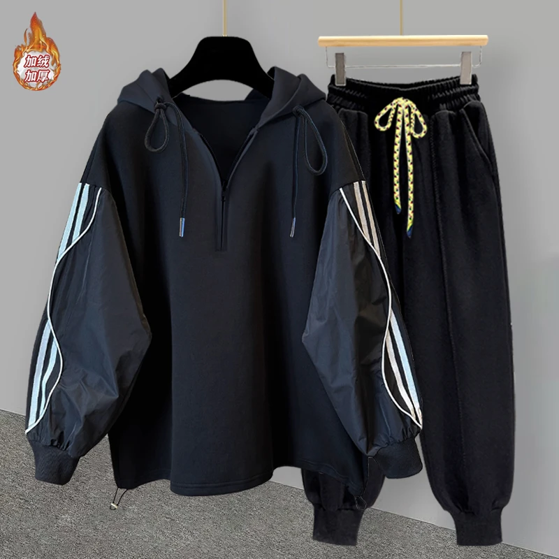 条纹拼接设计连帽卫衣套装男女同款冬季加绒加厚韩版潮流百搭外套