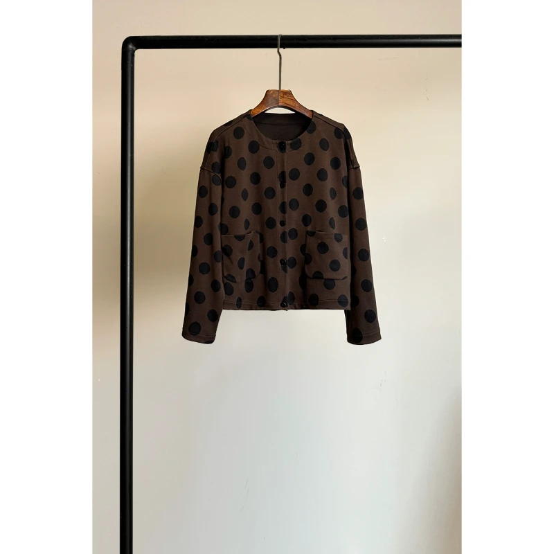 原创复古风女装时尚波点短款秋季外套女新款宽松圆领气质开衫上衣