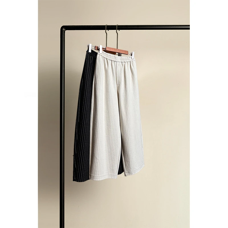 原创高品质女装高档条纹休闲裤宽松小众梨形身材阔腿裤子秋冬新款