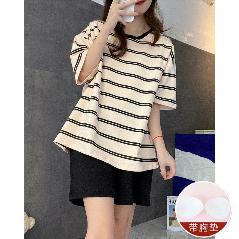 凤佰姿特大码带胸垫一体睡衣女士新款夏季条纹学生休闲家居服套装