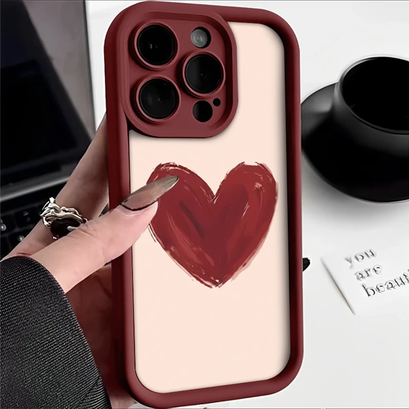 酒红色爱心苹果OPPO华为VIVO小米iPhone15/14手机壳13/11小众12xr