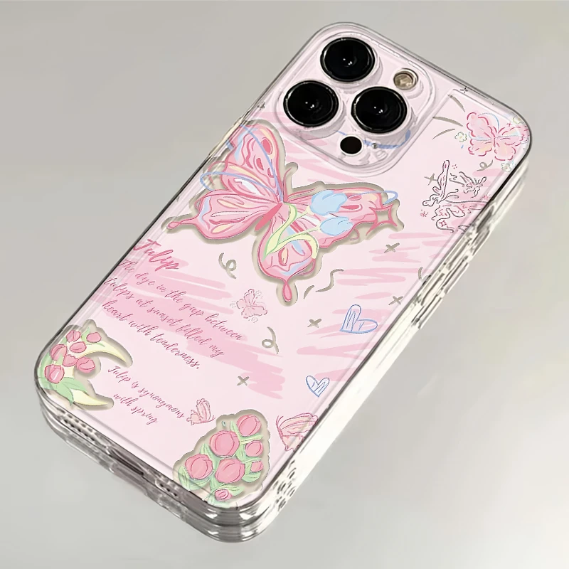 ins粉郁金香蝴蝶适用iPhone15苹果13手机壳14/12华为vivo小米oppo