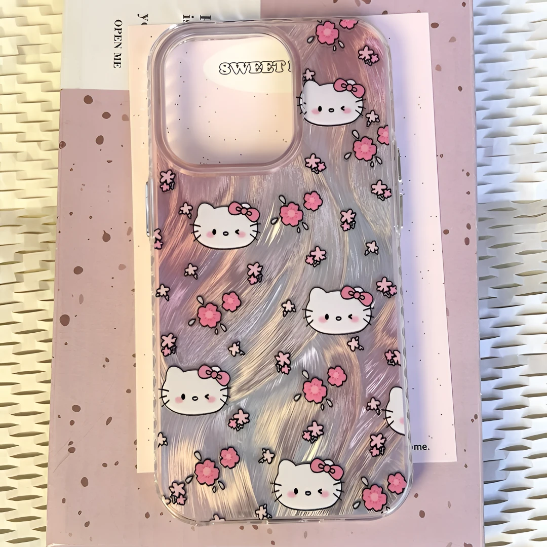 夏屿乐粉色碎花KT猫适用iPhone15手机壳苹果14promax羽纱13/11/12