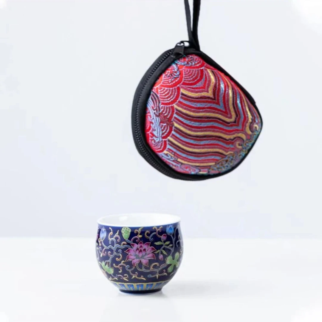 京隆堂霁蓝珐琅彩主人杯便携刺绣包家用陶瓷功夫茶杯品茗单个杯子